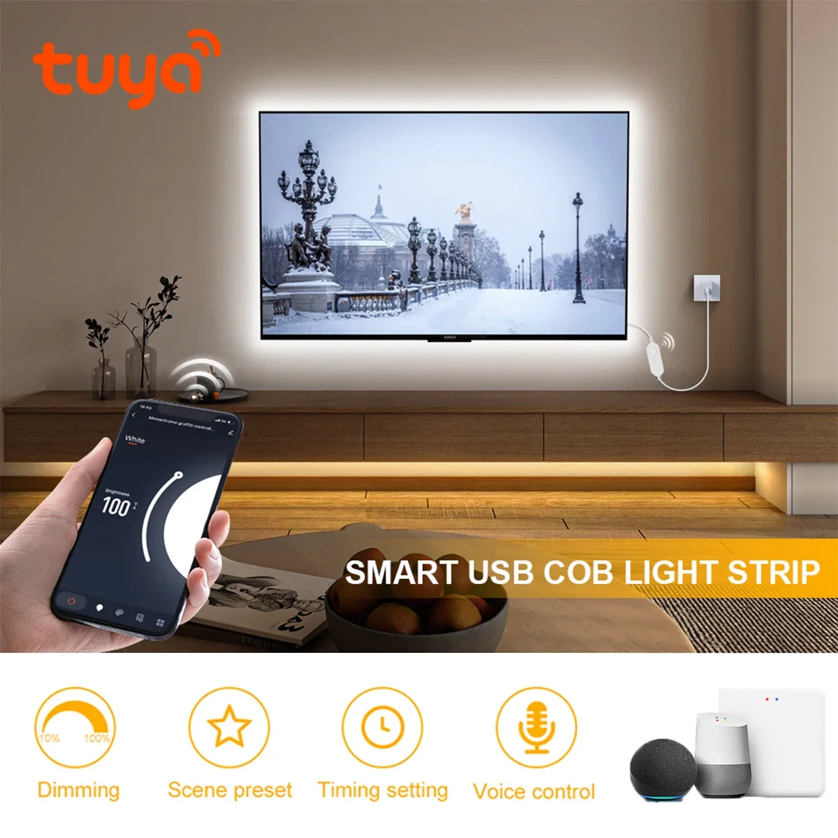 

WiFi TUYA Smart Life COB Strip Light Dimmable APP Voice Control USB 5V Power Support Alexa Google Home DIY Cuttable For Home