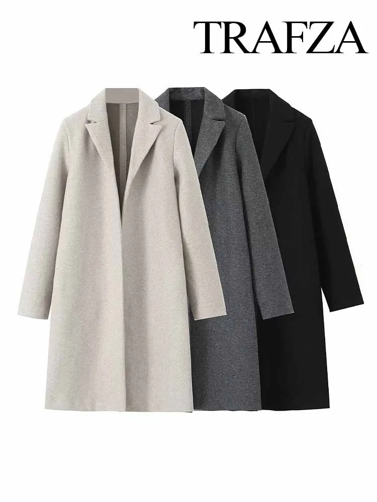 TRAFZA Autumn Winter Elegant Woman\'s Vintage Solid Color Lapel Warm Long Windbreaker Overcoat Clothing Female Long Sleeve Coat