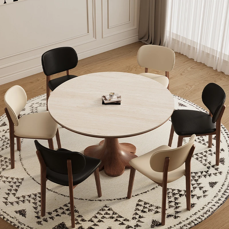 

Minimalist Medieval Style Round Popular Dining Table Burnt Stone Tabletop Dining Table 4 Seats Dining Table Set