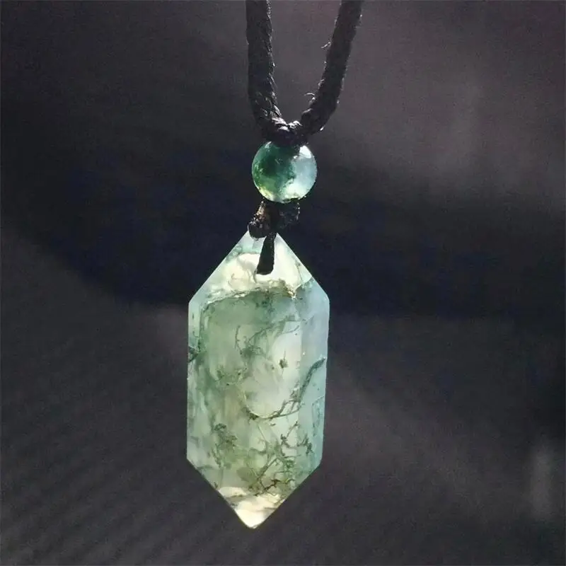 Natural Moss Agate Double Point Pendant Crystal Carving Polishing Mature Charm Jewelry Birthday Present Holiday Gift 1PCS