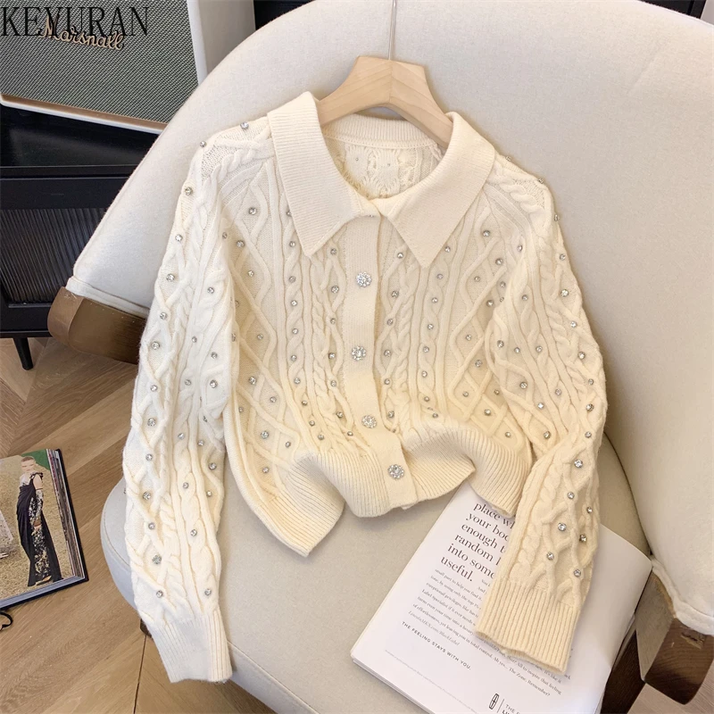 

Diamonds Beading Sweater Women 2024 Spring Vintage Eleagnt Chic Long Sleeve Button-up Cropped Knitted Cardigan Coat Tops Female