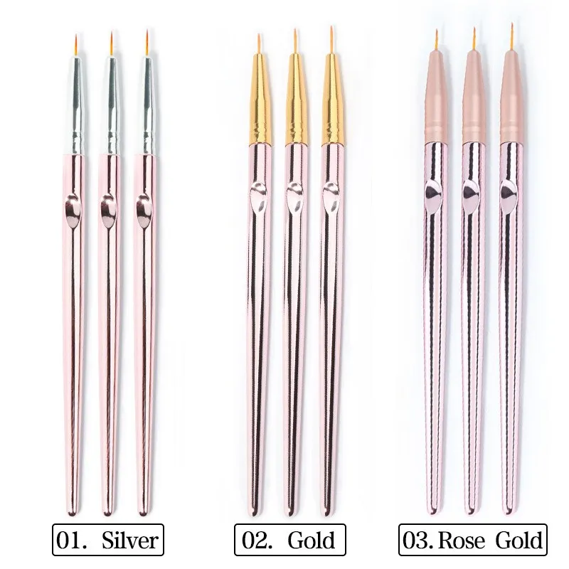 

3PCS/ Set rose gold Nail Art Line Drawing Pen Metal Pen Holder Pen Head Nylon Hair Nib Drawing Line Flower Drawing Hook Edge