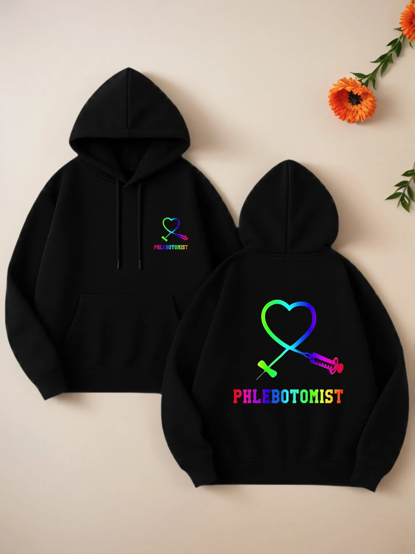 

Graphic Hoodie Women, Heart & Syringe Print, Aesthetic Design, Fleece, Casual Everyday Wear, For Teens