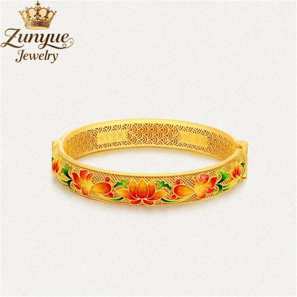 

High-End Sand Gold Enamel Lotus Bracelet Luxury Quality Jewelry Handicraft Fashion Fine Jewelry Exquisite Popular Charms Elegant