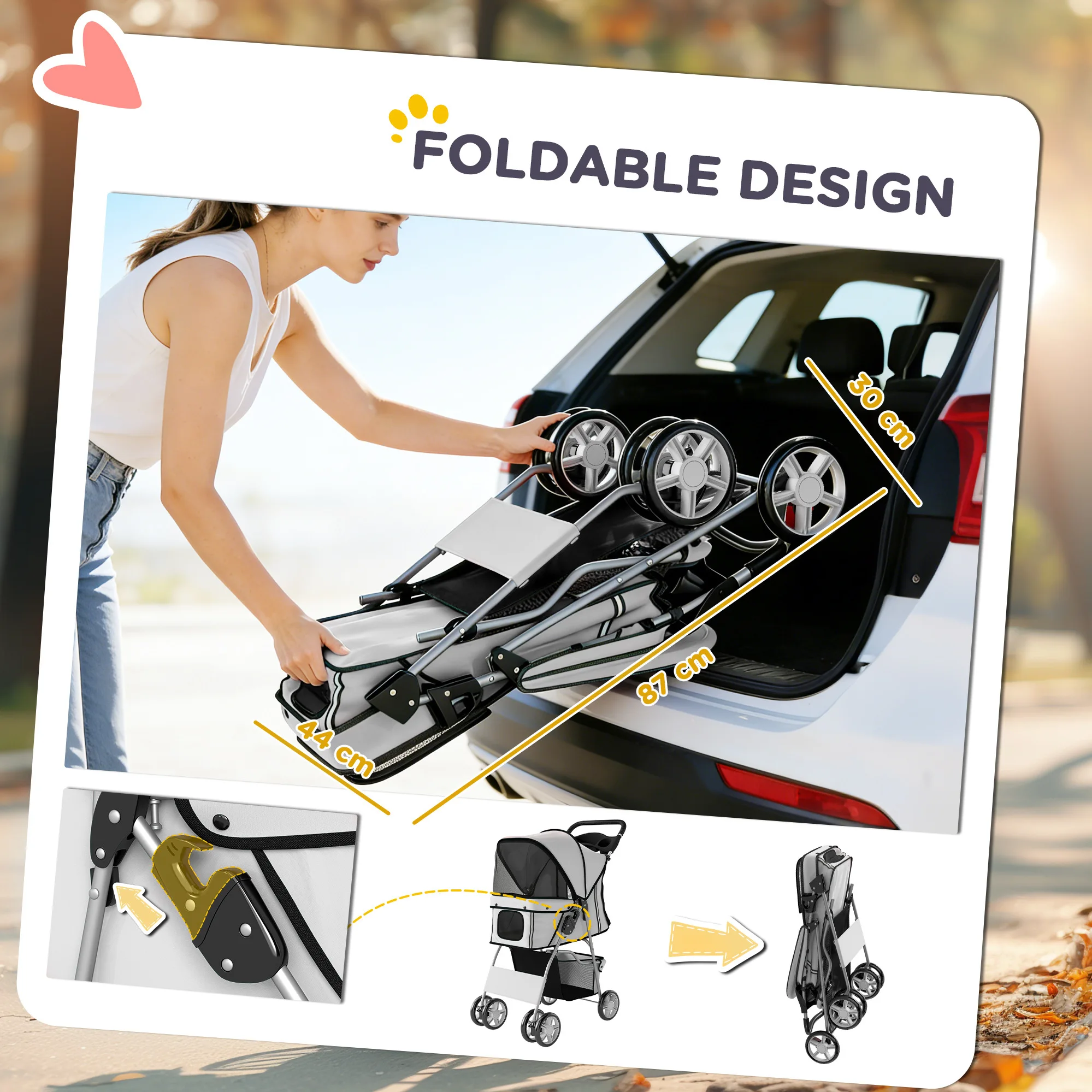 PawHut Pet Stroller Carrier Foldable Deluxe Walk Travel Dog, Grey