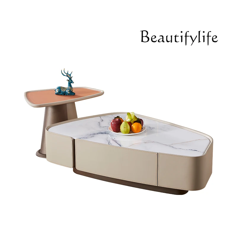 Italian Minimalist High-End Designer Geometric Coffee Table Saddle Leather Microlite Combination Tea Table