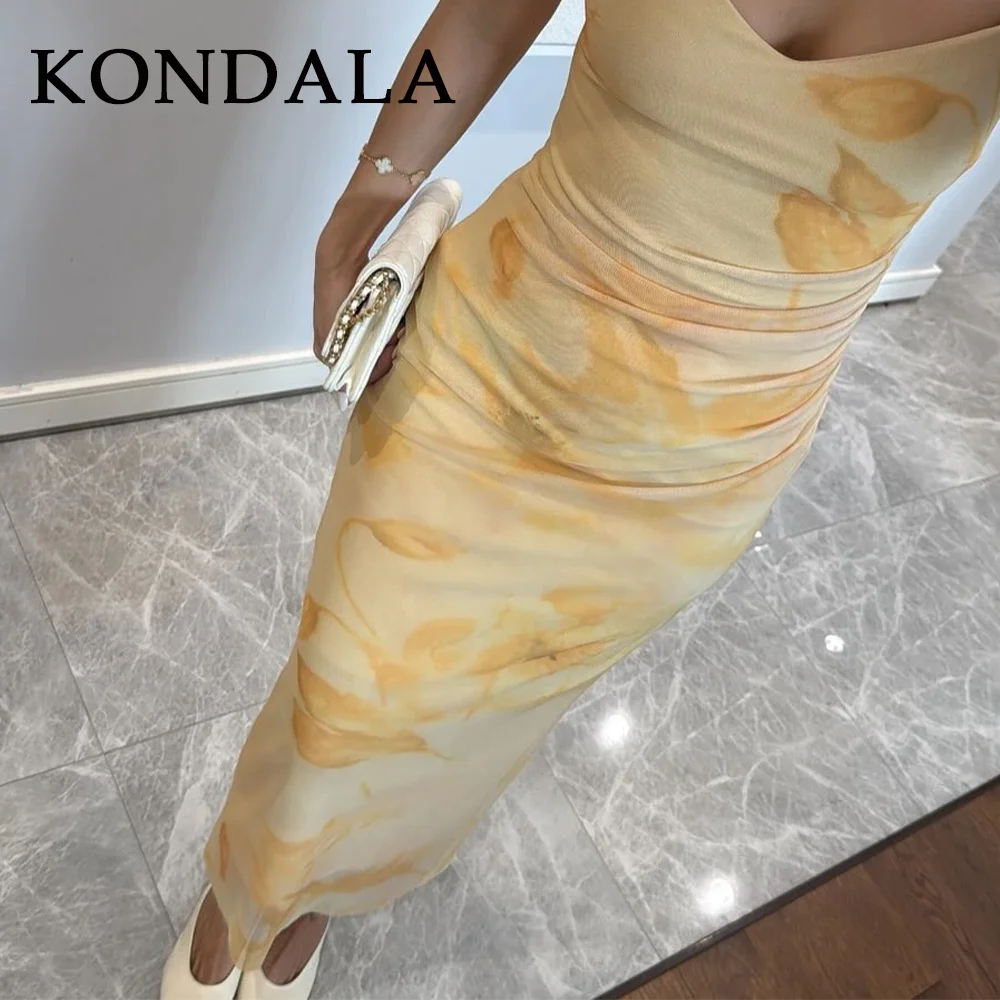KONDALA 2025 Spring Summer Sexy Mesh Butter Yellow Dress Fashion Streetwear Print Strapless Sleeveless Cami Straight Lady Dress