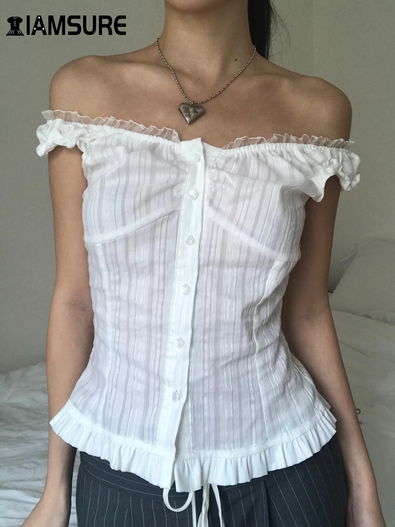 IAMSURE Casual Solid Lace Trim Striped Blouse Vintage Sweet Cute Slash Neck Short Sleeve Shirts Tees Women 2024 Summer Fashion