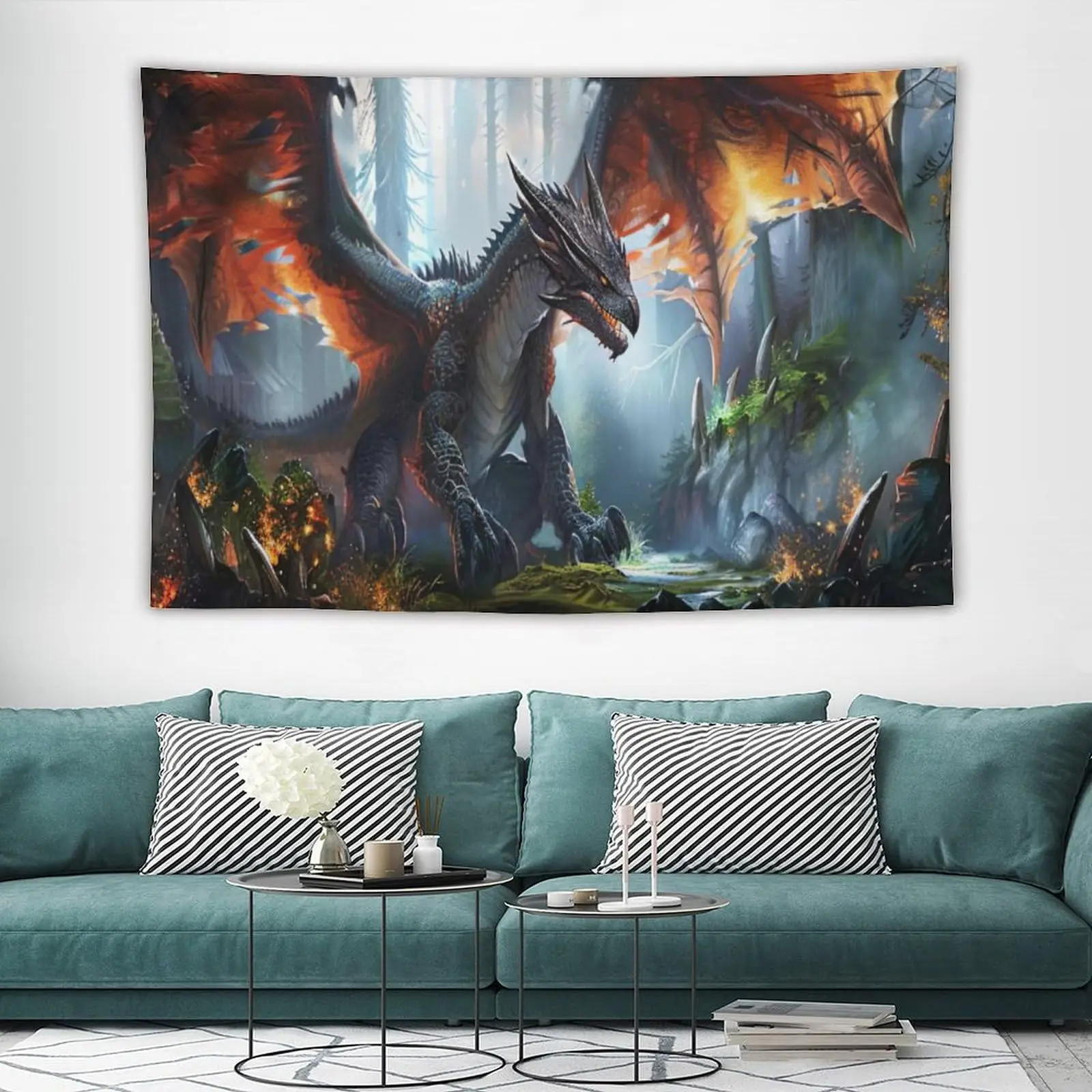 Fantasy Dragon Wall Tapestry Fire and Forest Scene Art Print Boho Home Decor Mythical Creature Design Room Decoration Fashion
