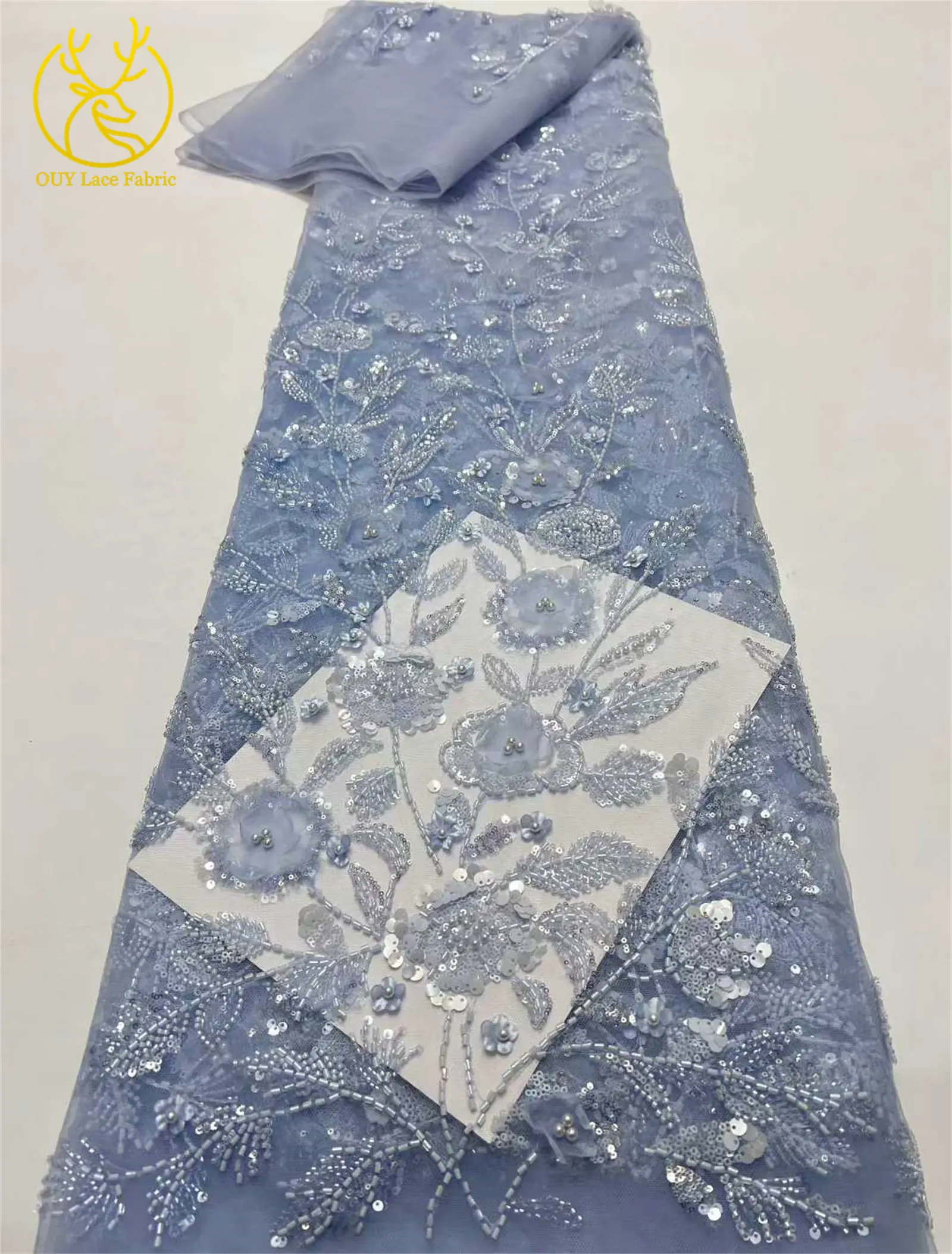 Afrikanischer 3D-Blumen-Handperlen-Spitzenstoff 2026 Hochwertiger Französischer Stil Nigerianischer Pailletten-Spitzenstoff Ideal für Partykleider – Detail 14
