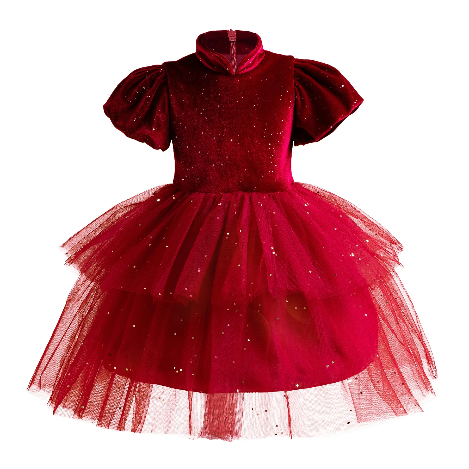 Children's Dress New Wedding Qipao Standing Neck Girls' Dress Red Velvet Children's Dress New Year Christmas Clothing