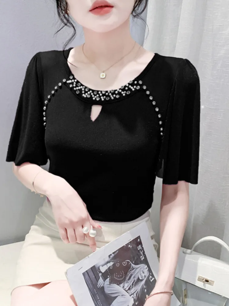 #7241 Black Red Purple Stretch Mesh Short T Shirt Women Round Neck Diamonds Thin Sexy Skinny Tshirt Female Ruffles Sleeve Summer