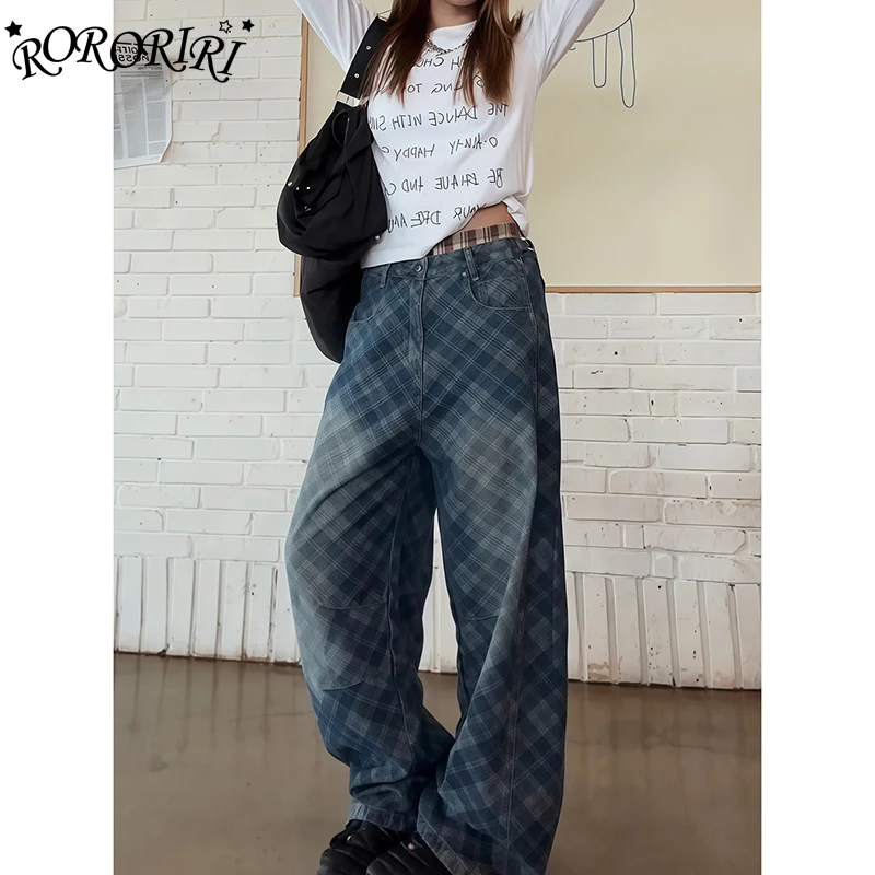 RORIRI Amerikanische Retro-Baggy-Jeans, Unisex, gewaschen, kariert, gerades Bein, Hose mit abgerundetem Saum, lockere Passform, Damen-Trend-Buchstabendruck