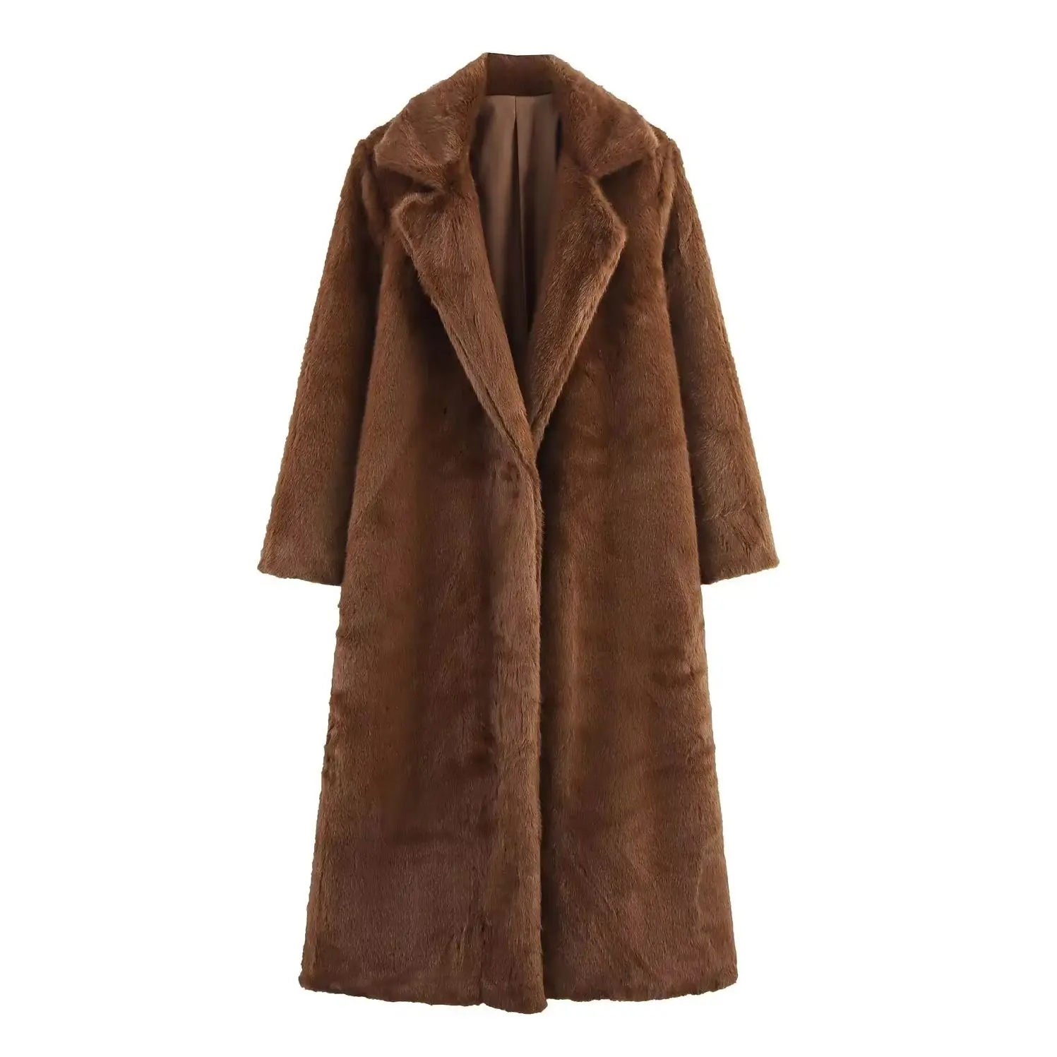 KONDALA Chic Brown Fashion 2025 Winter Elegant Fake Fur Woman Long Loose Coats Pocket Long Sleeve Vintage Luxurious Outwear