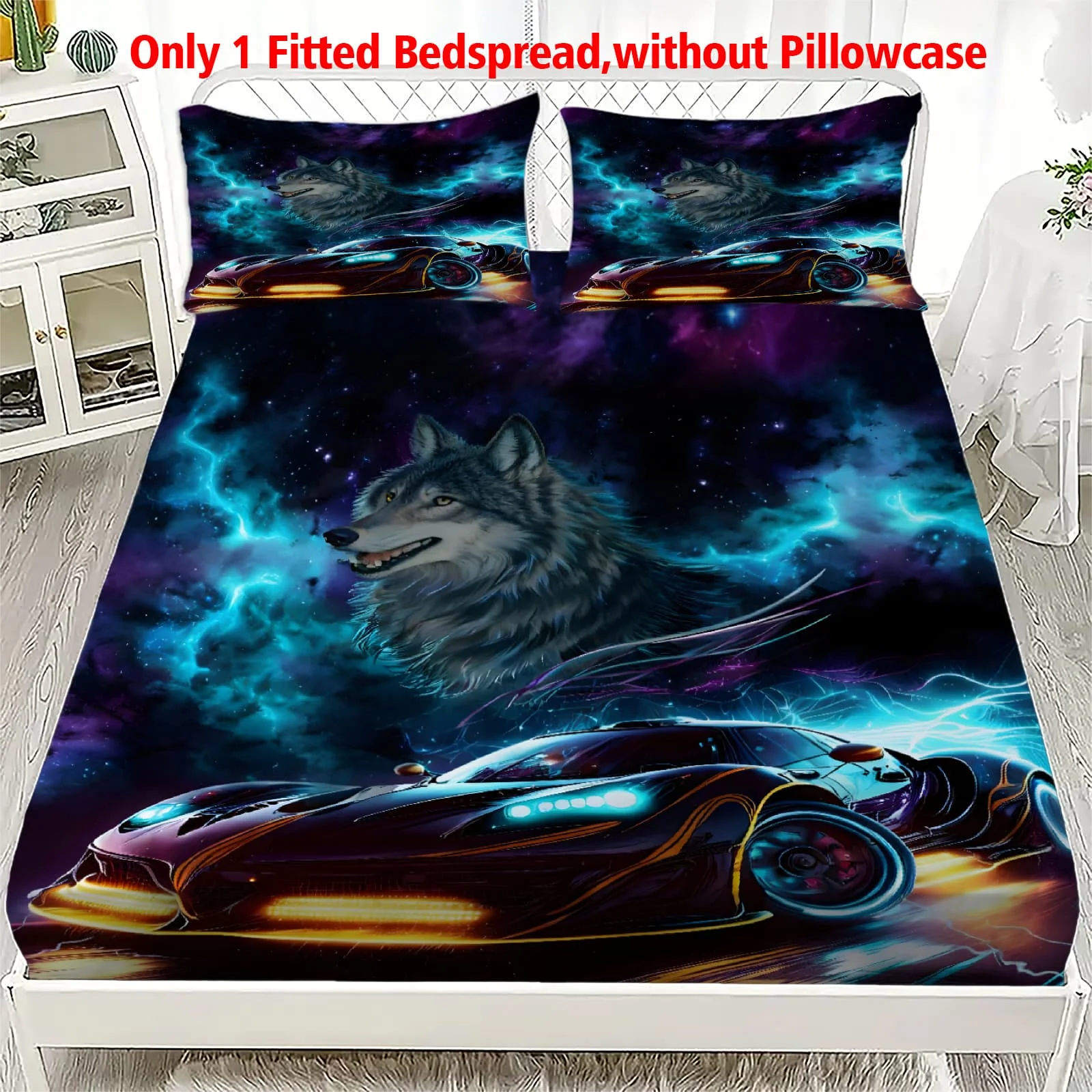 1 Stück Wolf Sports Car, Spannbettlaken mit Blitzmuster, 25 cm tiefe Passform, elastischer Matratzenschoner, Twin, Queen, King, ohne Kissenbezug