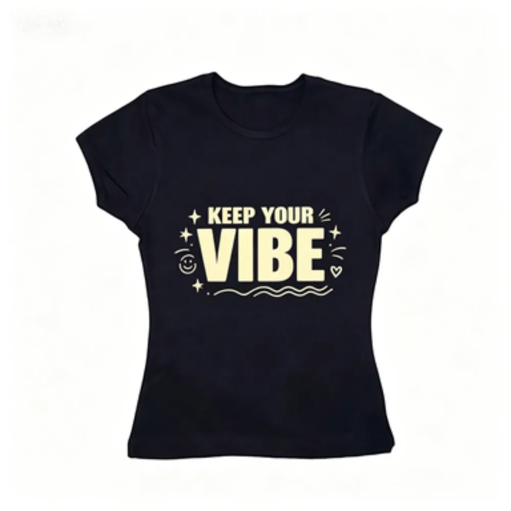 Keep Your Vibe Star Heart Graphic Print Women T-Shirt Slim Fit Y2K Daily Casual Short Sleeve Tee