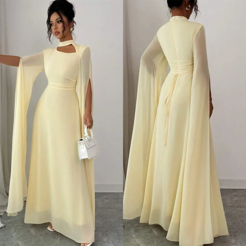 

Customized High Quality Light Yellow Chiffon Evening Dress Classic High Neckline Short Sleeves Zipper Back Homecoming Dress