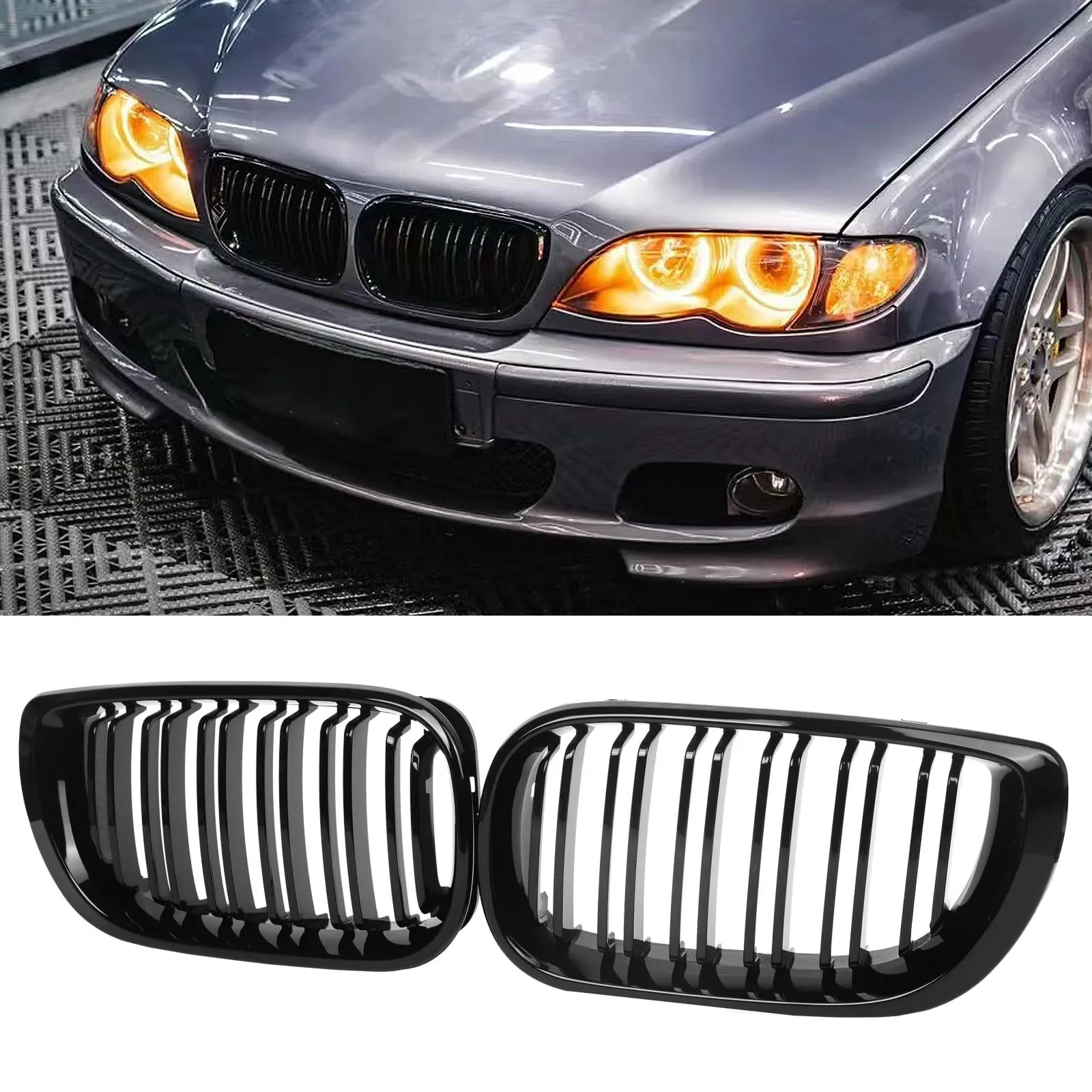 Black Double Slat Front Kidney Grille Compatible with BMW 3 Series E46 4-Door Sedan 2002-2005 320i 325i 325xi 330i 330xi, Replacement Grill
