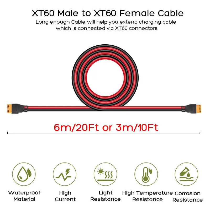 6m/20Ft 3m/10Ft XT60 Male to Female Extension Cable for ALLPOWERS R600 Anker SOLIX EcoFlow Bluetti OSCAL Portable Power Station.
