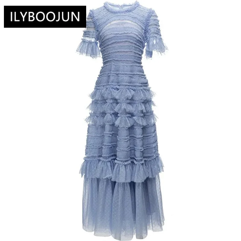 

Summer Fashion Designer Light Blue Vintage Mesh Dress O-neck High Waist Cascading Ruffles Polka Dots Long Dress For Women 2023