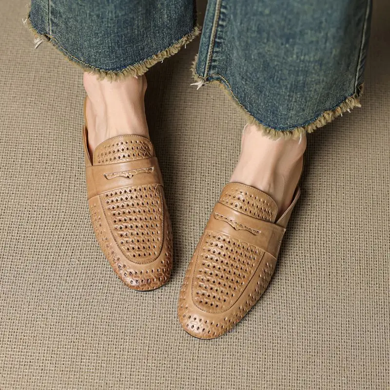SIMLOVEYO 2025 Genuine Hide Ladies Mule Sandals Square Toe Flat Sole Slip On Airy Soft Summer Everyday Footwear Size 33 40