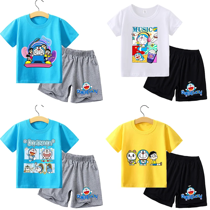 

Cute Doraemoned T-shirt Shorts Set Cute Cartoon Summer Boys Girls Clothes Fashion Hip Hop Tops Birthday Gifts Casual Wear Tees