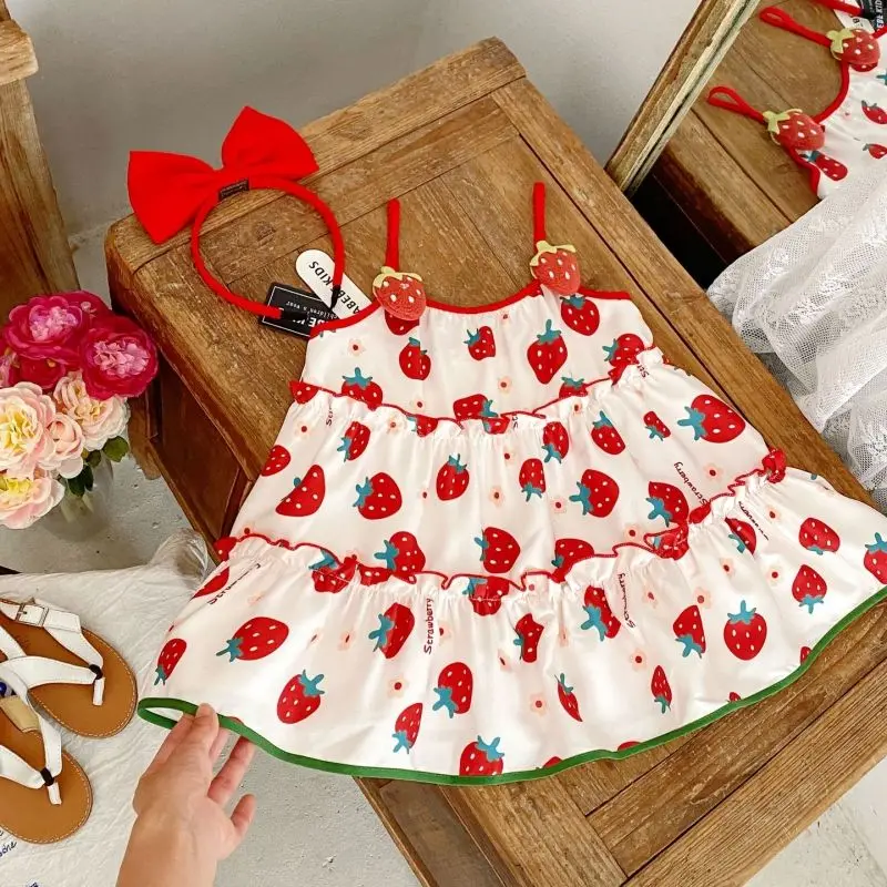 Baby Kids Summer Children Cotton Strawberries Princess Sleeveless Slip Dress Birthday Party Childrens Girls Kids Beach Skirts