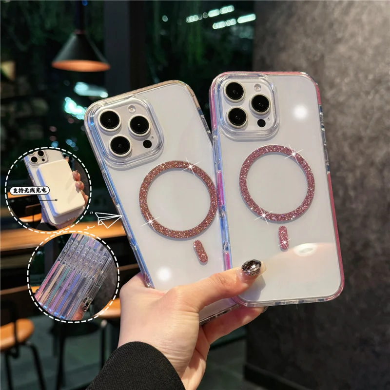 

Simple Transparent Magnetic Phone Case Suitable foriPhone15pro，Glitter Acrylic Shockproof and Anti-drop