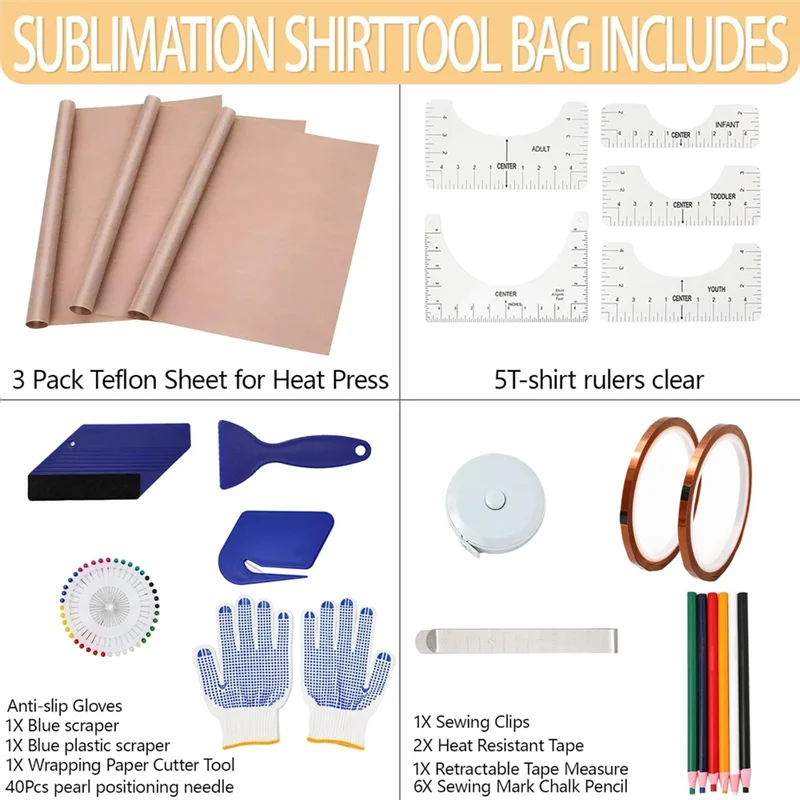

M12K-Sublimation Shirts Tool Kits-2 Rolls Heat Resistant-Tape 5 T-Shirt Ruler Guides Sewing Mark Pencil Accessories 12 X 16In