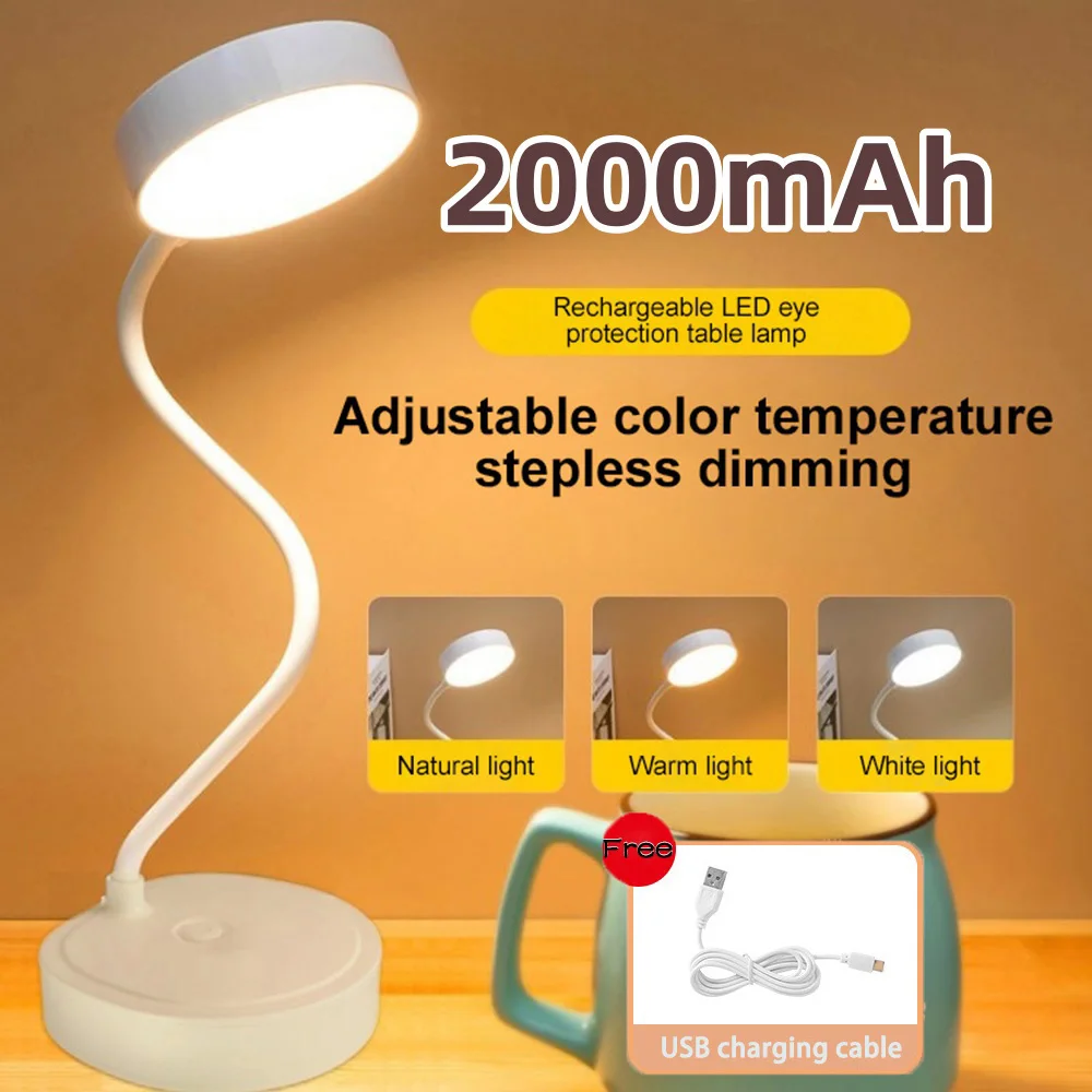 Desk Lamp USB Plug Rechargeable Table Lamp Bed Reading Book Night Light LED 3 Modes Dimming Eye Protection Light Bedside Lamp