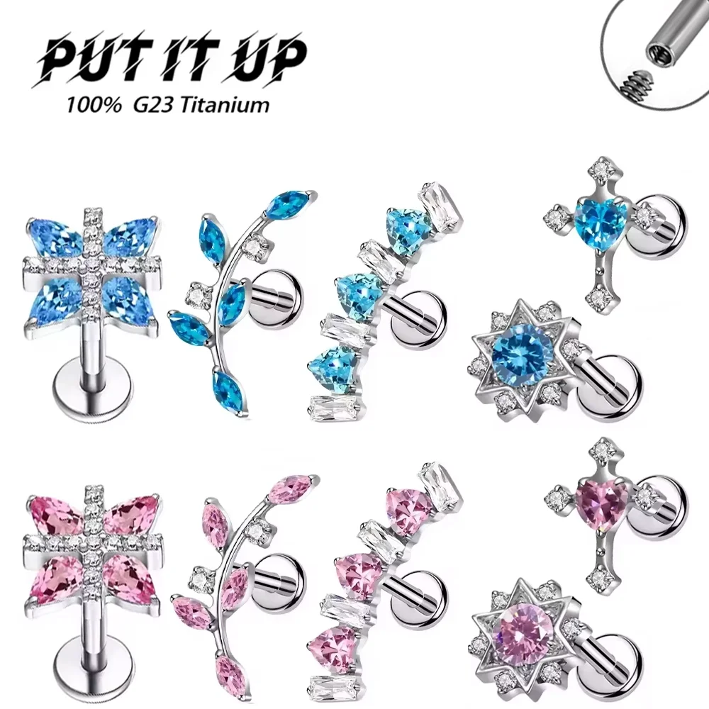 ASTM F136 G23 Titanium Internal Thread Piercing Stud Pink Blue CZ Cross Star Leaf Heart Helix Tragus Ear Lip Body Jewelry