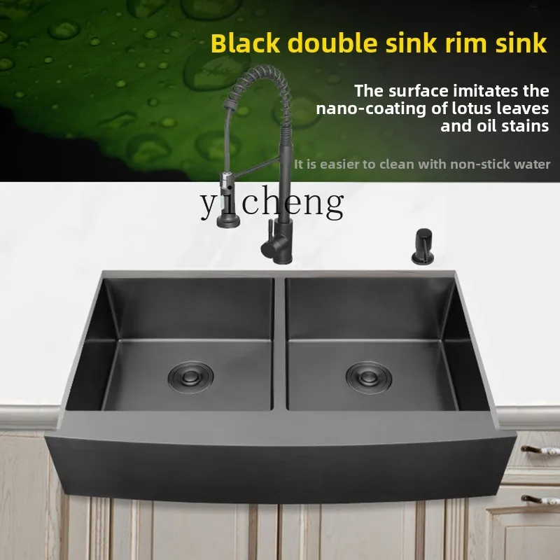 

ZZ Stainless Steel Black Kitchen Sink Double Basin Semi-Embedded Undermount Basin Handmade Thickened