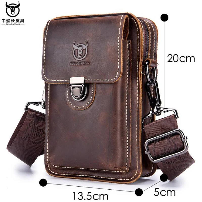 BULLCAPTAIN Crazy horse leather Male Waist Packs Phone Pouch Bags Waist Bag Men\'s Small chest Shoulder Belt Bag small back pack