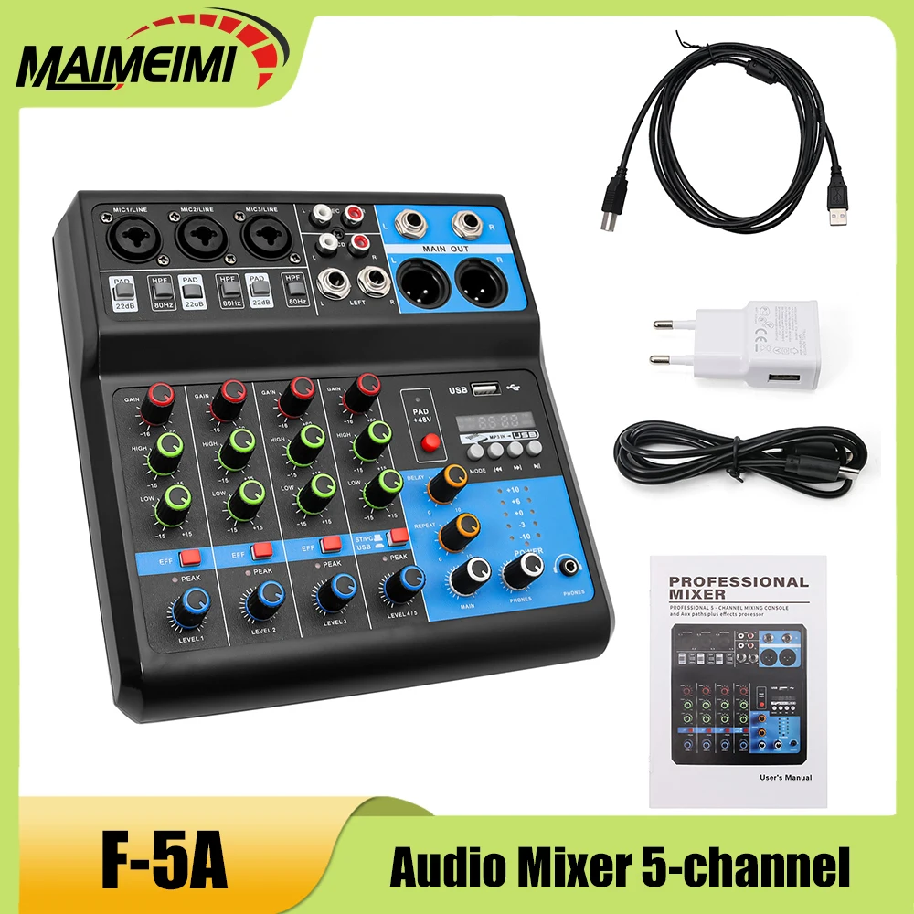 NUOVO F-5A Mixer audio Tavolo audio a 5 canali Mixer professionale Computer Stage Recording Scheda audio USB Tono alto basso Attrezzatura DJ