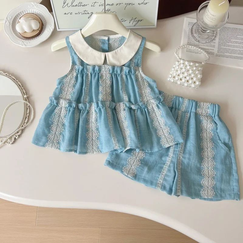 2024Summer New Girls' Small round Neck Sleeveless Short Skirt Two-Piece Set Baby Refreshing Shorts Suit