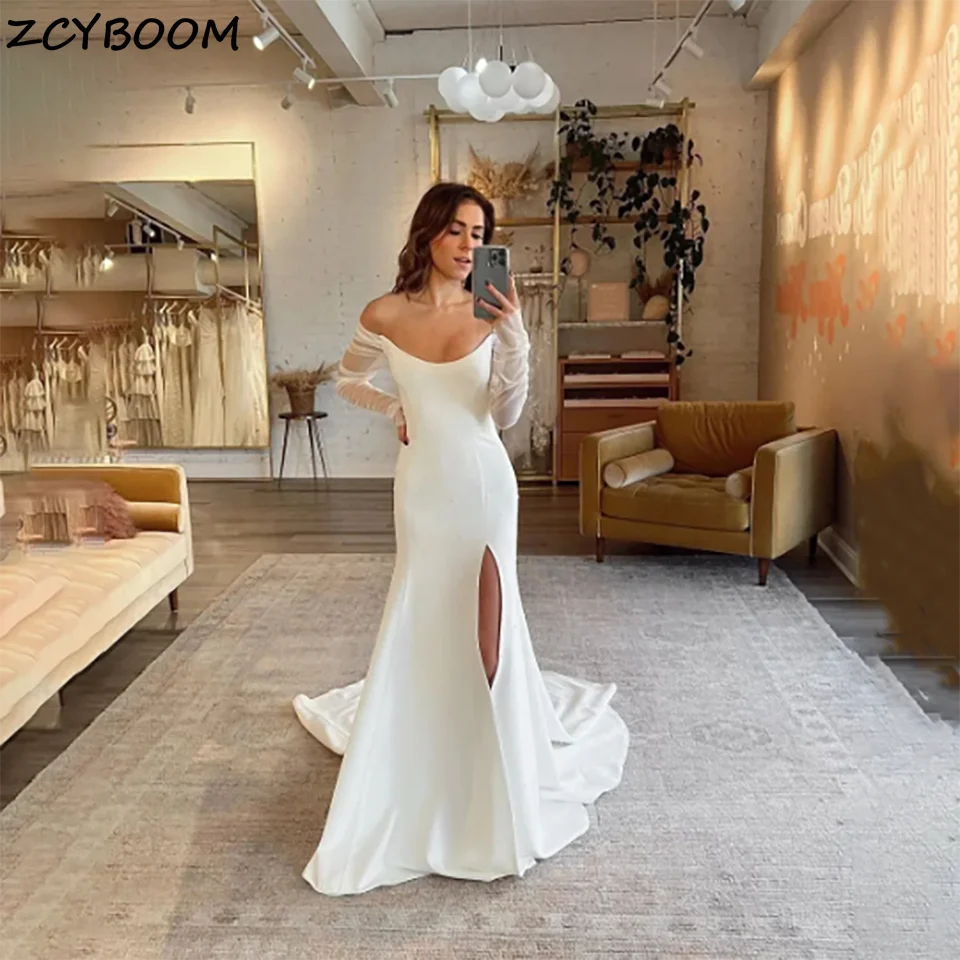 

Charming Off The Shoulder Long Sleeves Evening Gala Wedding Dresses 2024 Backless Court Train Satin Tulle Bridal Gowns For Women