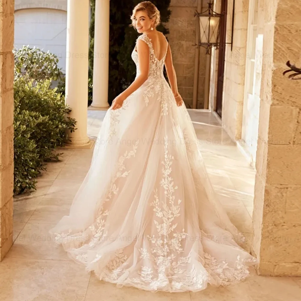 ANGEL Customized Elegant Wedding Dress For Women 2026 V-Neck Cap Sleeve Lace Appliques Vestido De Noiva With Button Sweep Train