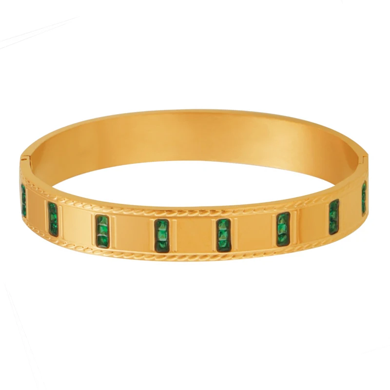 

60mm Green Glass Stone Bangles For Women 316L Stainless Steel PVD Gold Plated Charm Bracelets Wristband Waterproof Jewelry