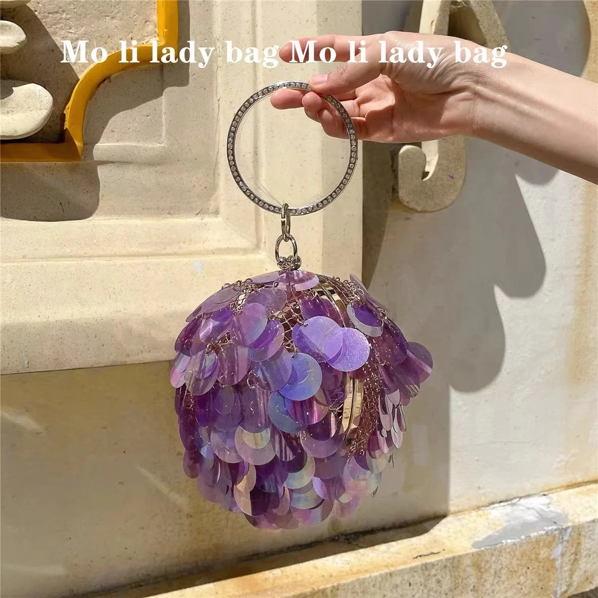 Luxury Hollow Out Metal Cage Bling Shiny Sequins Circular Ball Bag Women Fashion Handbag Dinner Party Clutch Purse Crossbody Bag