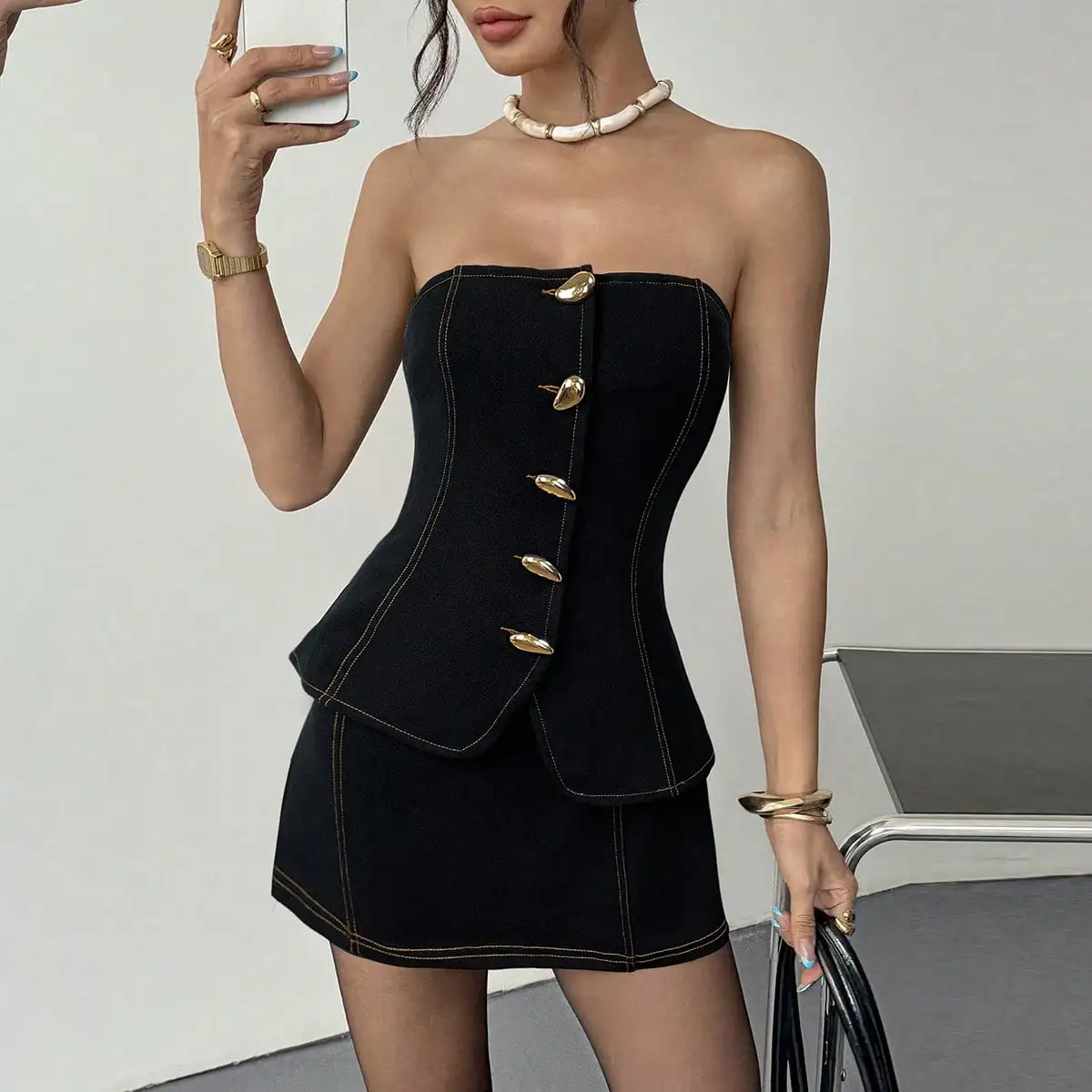 Women Two Piece Sets Denim Skirt Set Trapless Top Short Skirts A Line Pleated High Waist Y2k Streetwear Elegant Beach Spring New