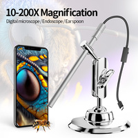 USB Digital Microscope 10X 200X Magnification Camera with Stand Portable Electronic Coin Magnifier Soldering Camera Ear Otoscope