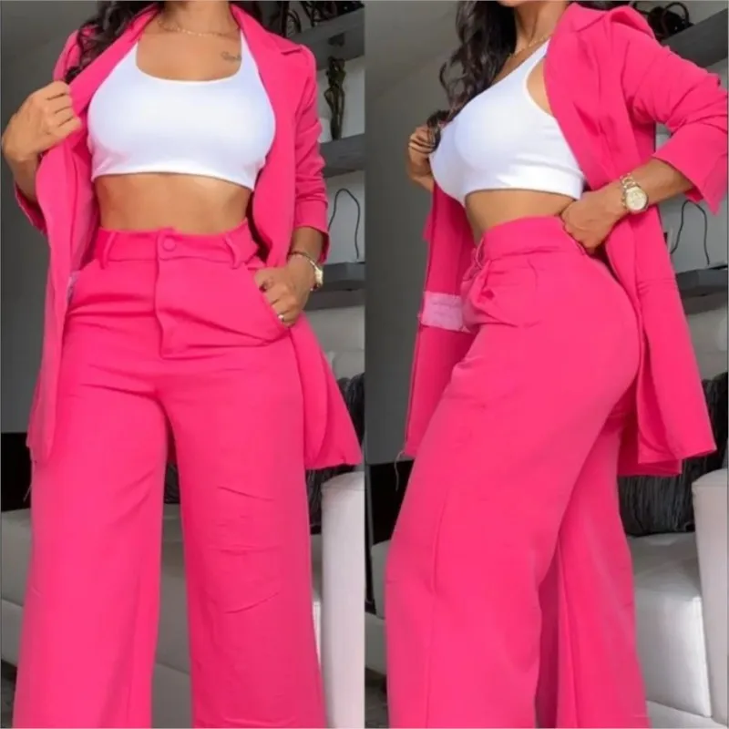 Women\'s Elegant Jacket Coat Two-piece Suit Solid Color Split Sleeve Lapel Suit With Pockets Straight Pants Suit Women Clothing