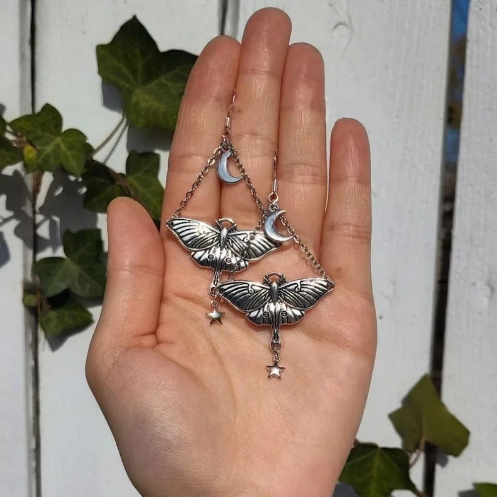 White Crystal Pendant Silver Color Star Tassel Carved Moth Dangle Earrings for Women Gothic Witchcraft Style Aesthetics Jewelry view 2