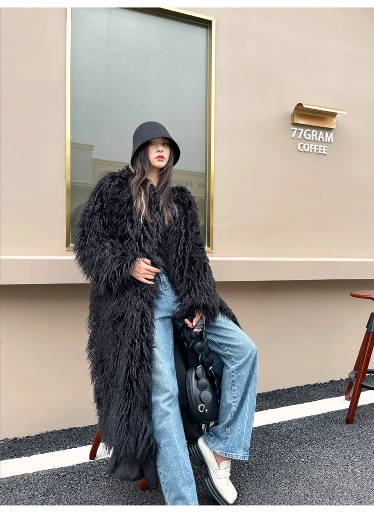 Lady Personalized Black Faux Fur Coat with Peplum Hem Female Streetwea Long Jacke Winter Coats For Wome