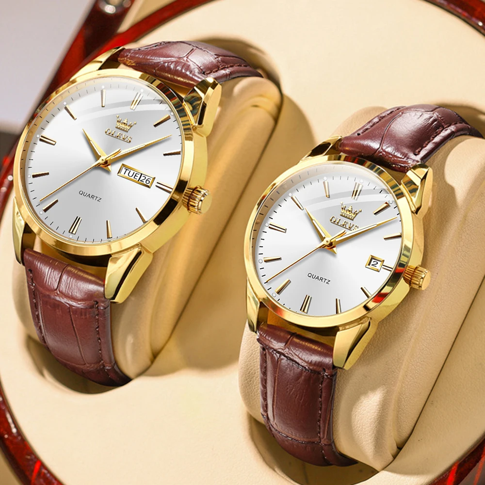 

OLEVS часы для пар, повседневные модные лучшие брендовые оригинальные кварцевые наручные часы с кожаным ремешком, водонепроницаемые мужские и женские часы, трендовые новые