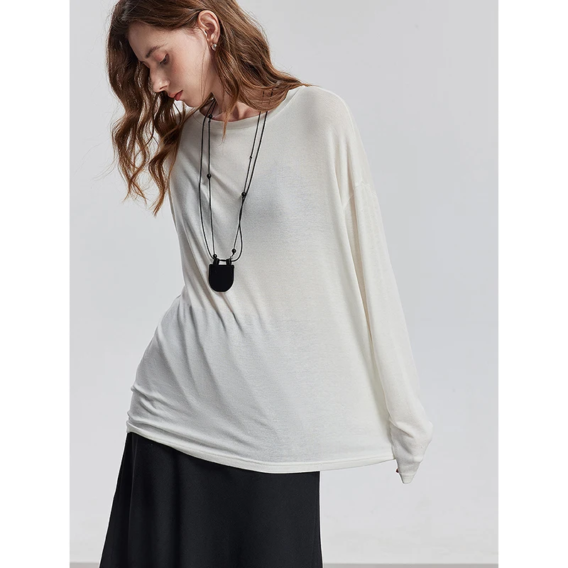 TOYOUTH المرأة كم طويل تي شيرت 2025 ربيع جديد ليوسيل الصوف تنوعا نقية بلوفر ملون الجلد الأساسية القمم