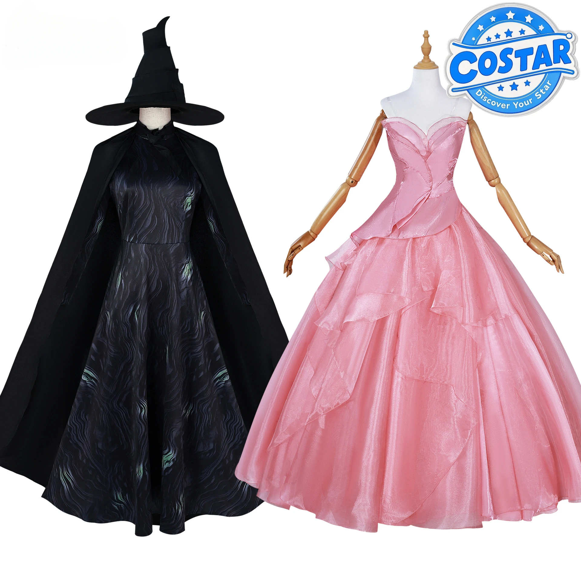 

Movie Wicked Part One Elphaba Glinda Cosplay Costumes Witch Princess Dress Halloween Roleplay Costume Hat Cloak Set Accessory