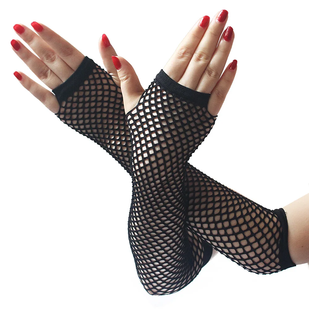 Sexy Women Medium Length Fishing Net Elastic Mesh Black White Ancient Party Long Punk Fingerless Nightclub Etiquette Gloves