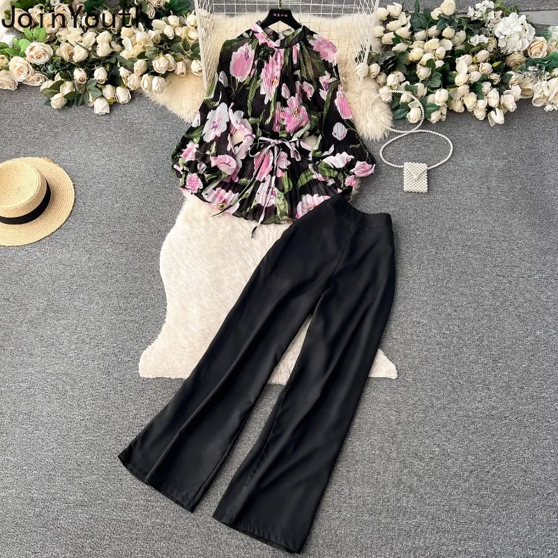 Summer 2 Piece Sets Womens Outfits Slim Waist Pleated Floral Blouse High Waist Straight Wide Leg Pants Suit Chic Temperament Set