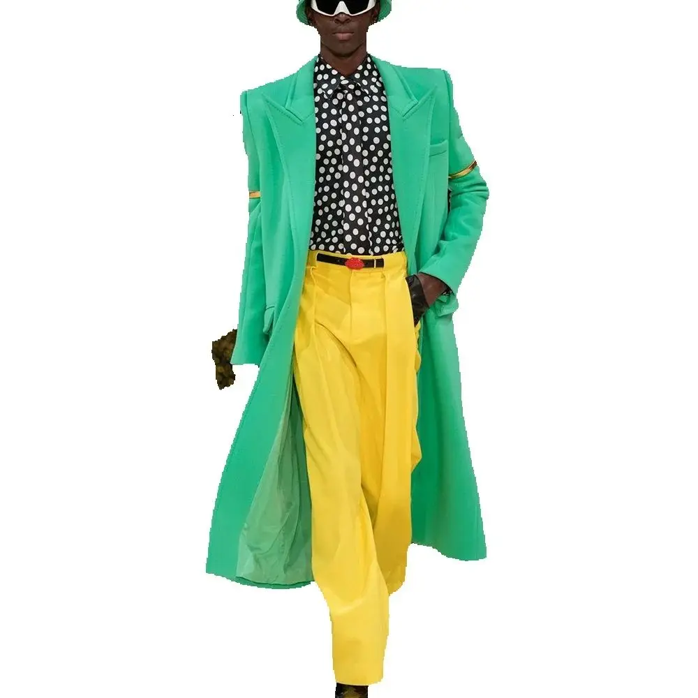 Stylish Contrast Color Men Suits Peak Lapel Long Jacket Outfits Two Piece(Blazer+Pants) High Street Model Show Casual Party Set